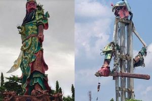 Patung dewa Kong Co Kwan Sing Tee Koen di Kelenteng Kwan Sing Bio sebelum dan sesudah runtuh