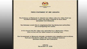 Pernyataan resmi Kedubes Malaysia di Indonesia yang dikutip dari Facebook.