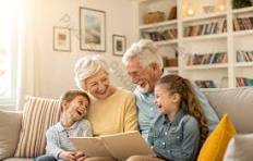 ilustrasi kakek dan nenek sedang bersama cucu-cucunya